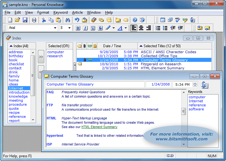 Flexible freeform keyword-based notes organizer for writing and clippings.