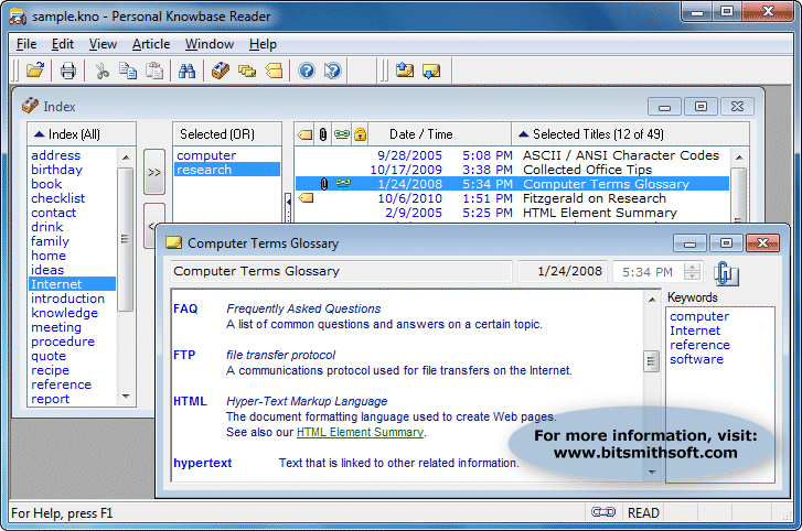 Viewer for files created with Personal Knowbase freeform note manager software.
