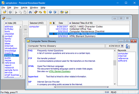 Personal Knowbase Reader software screen shot