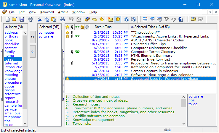 Personal Knowbase Index Window