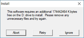 Installation disk space error message