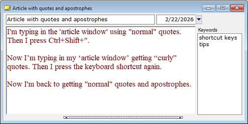 Typing smart quotes in the Article Window Article Window with and without smart quotes