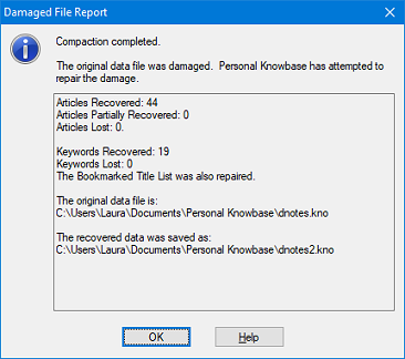 Damaged File Report screen