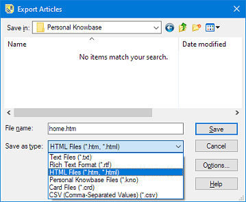 Export dialog with html option selected