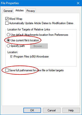 File Properties dialog for file links