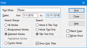 Searching for a title string by dates Find dialog with date range and title string