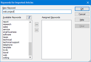 Keywords for Imported Articles Dialog Box