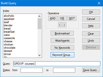 Finding articles related to a Keyword Group Build Query dialog box with a keyword group