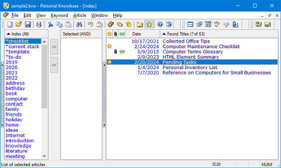Index Window with results of Find
