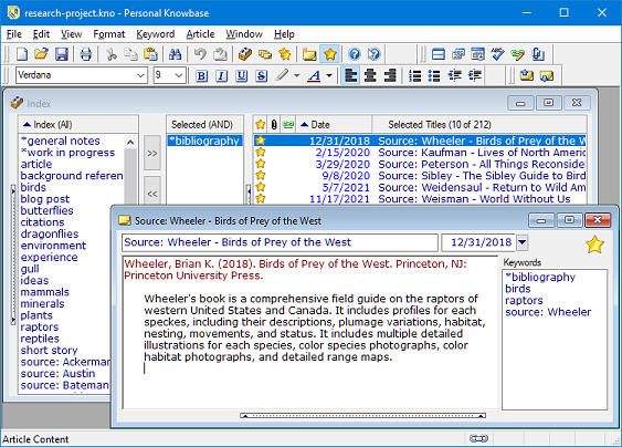 Personal Knowbase showing a bibliographic source