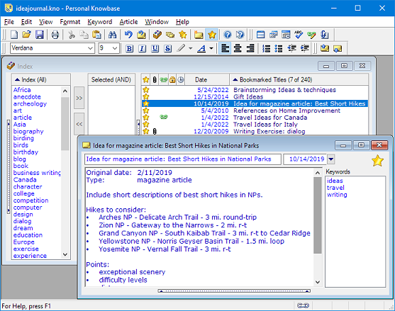 writer's ideas in Personal Knowbase software