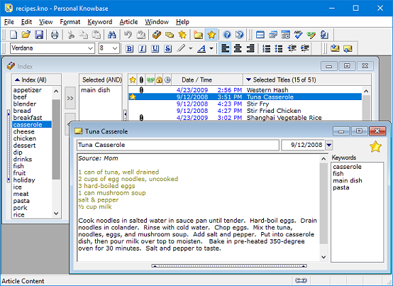 Recipes in Index and Article Window