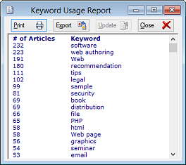 Keyword Usage Report Window